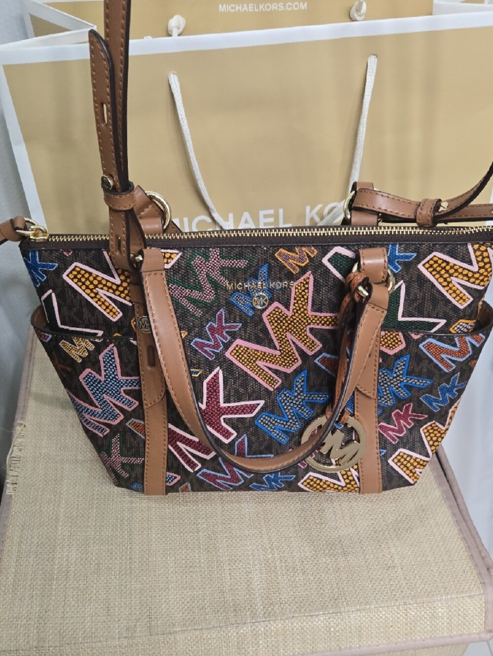 NWOT Michael Kors Multicolor MK Logo Shoulder Bag with Tan Trim - Picture 9 of 10